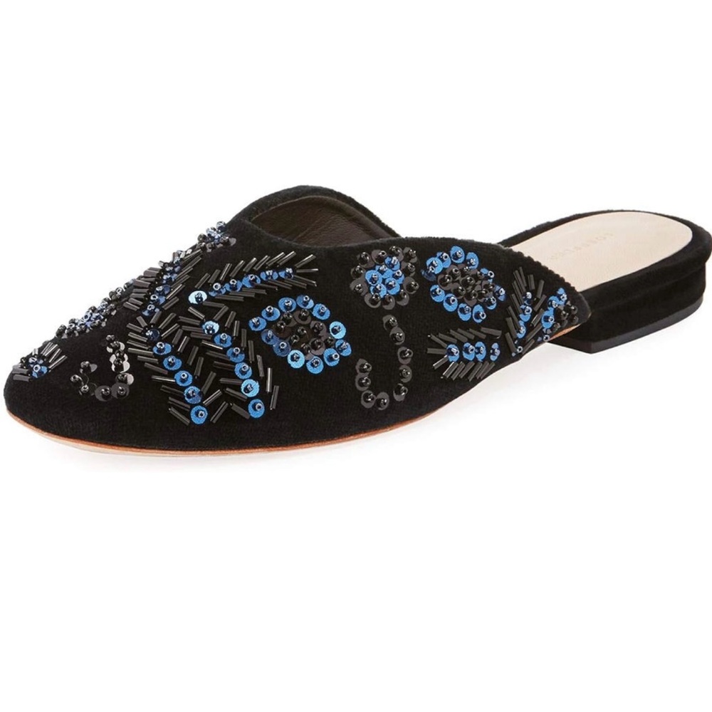 Loeffler Randall Quin Black Suede Mule Slide with Bead and Sequin Embellishments